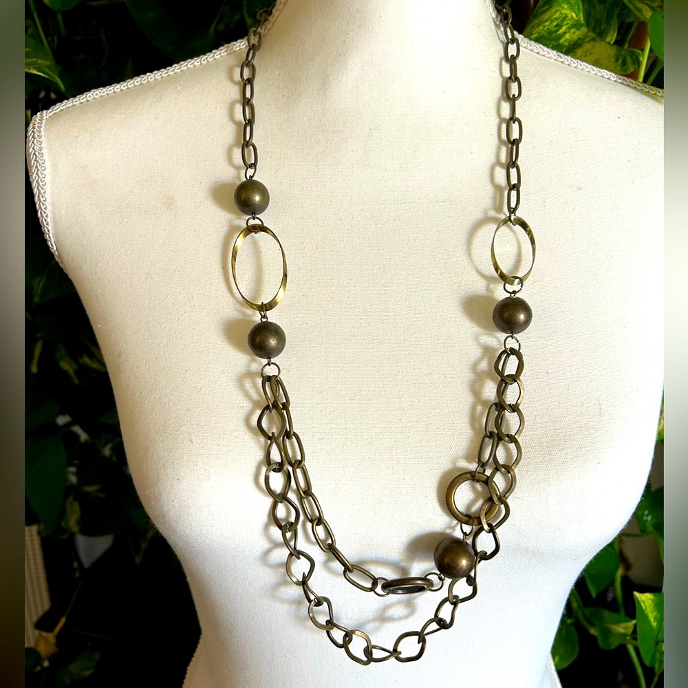 Vintage Chunky Brass Metal Big Ball Beads & Oval Hoops Multi Strand Necklace